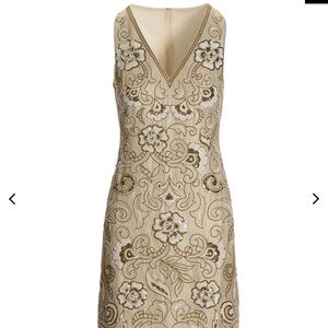 Embroidered and Beaded Shimmer Linen Sheath Dress Tan × 1
Tan / 2